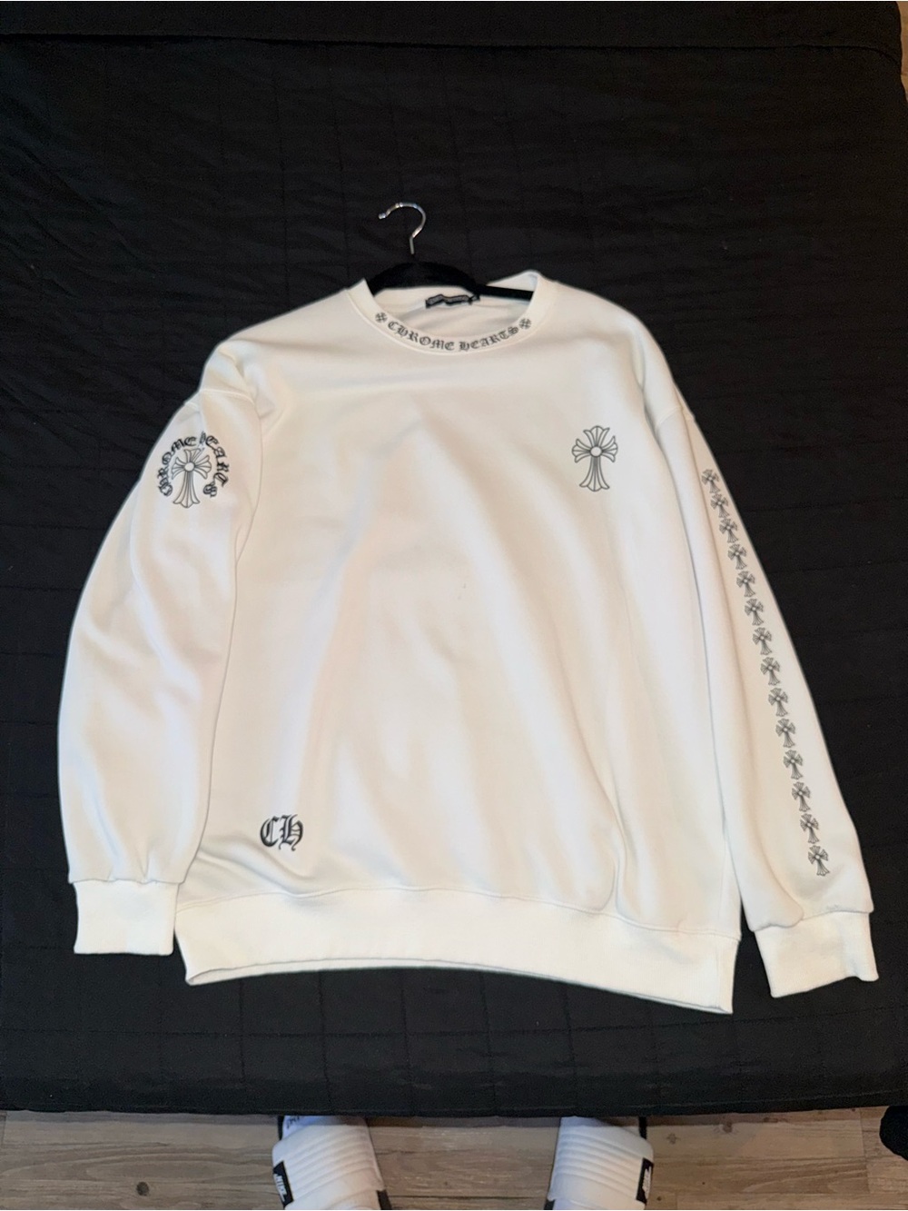 Chrome Hearts White Crewneck with Black Cross Graphics
